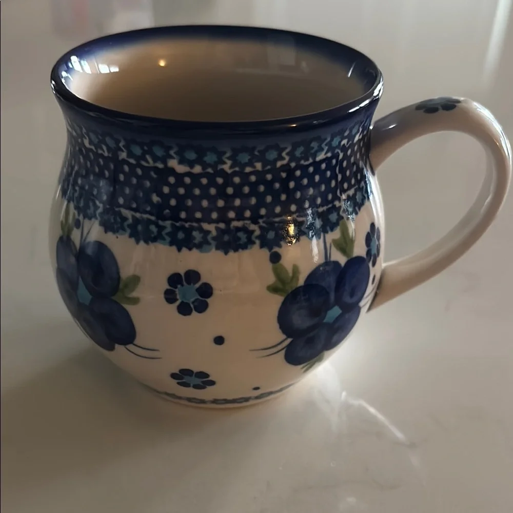 Authentic Polish Pottery Blue Floral Ceramic Mug - Picture 3 of 6